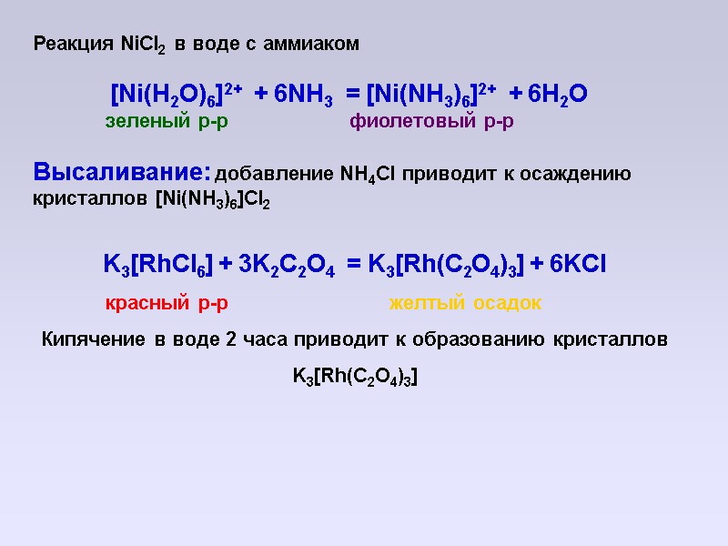 Реакция NiCl2 в воде с аммиаком  [Ni(H2O)6]2+  + 6NH3  = [Ni(NH3)6]2+